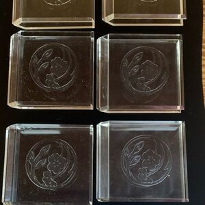 Vintage Lucite Acrylic Napkin Holders Etched Floral Design 2 Sets of 4 w/ Boxes